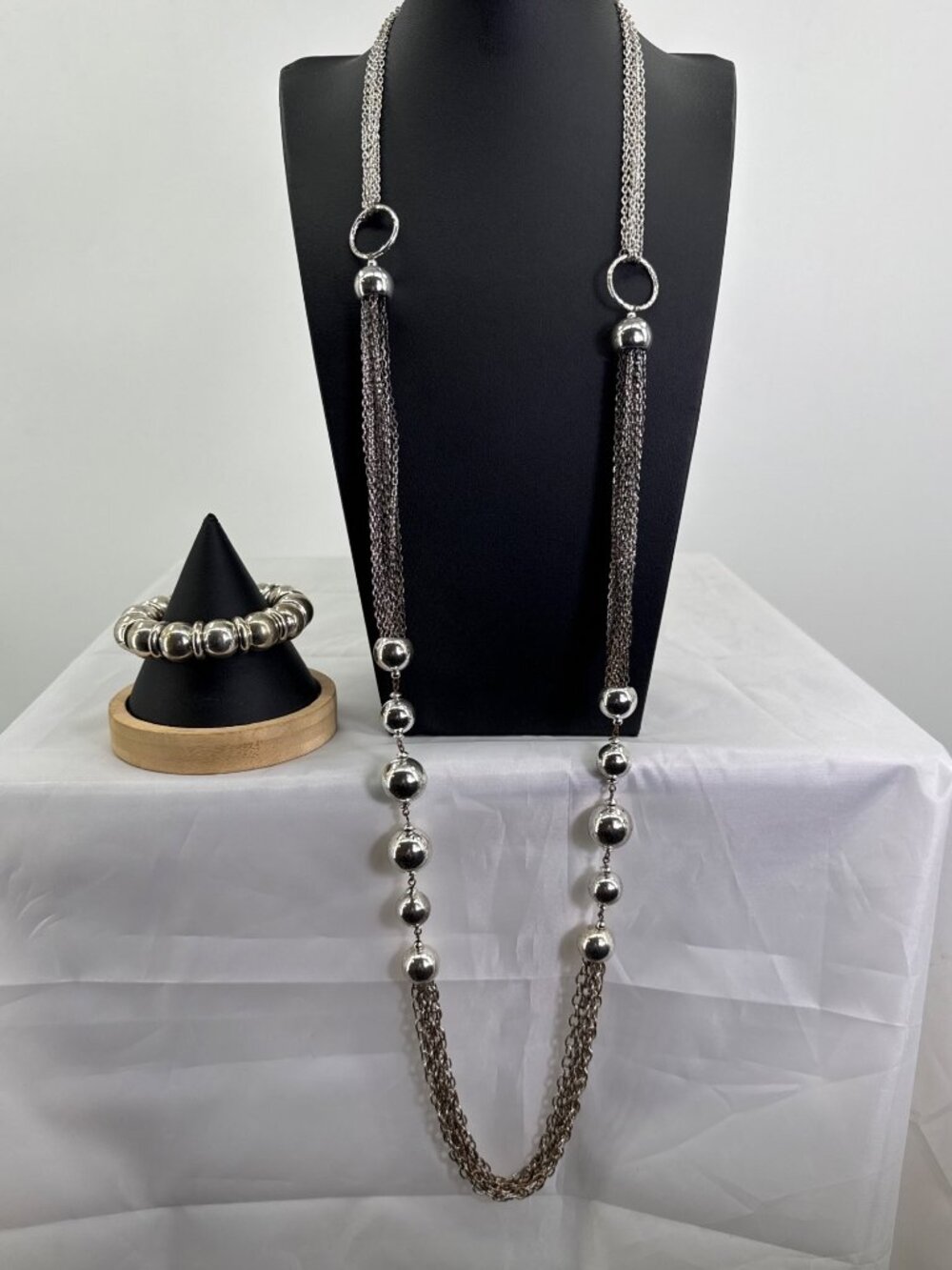 Chunky Silver Multi Strand Chain Ball Bead Station Necklace & Bracelet Set Y2K
